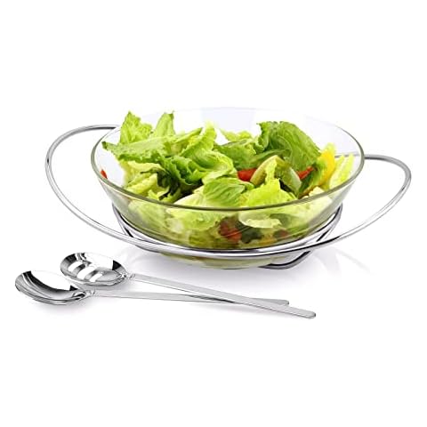 Rigeli Regent 18/10 CONTEMPO Chromeplated 9.8”inch 25cm Salad Bowl with Stainless Steel Servers, Big Salad Bowls with Perfect for Fruits, Vegetable or Salads Cover