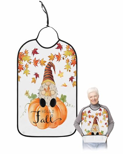 LEOKOTI Pumpkins Gnomes Fall Adult Bibs for Eating, Waterproof Bibs with Food Catcher & Adjustable Snap Closure, Maple Leaf Orange Thanksgiving Washable Clothing Protectors Adult Bibs for Elderly