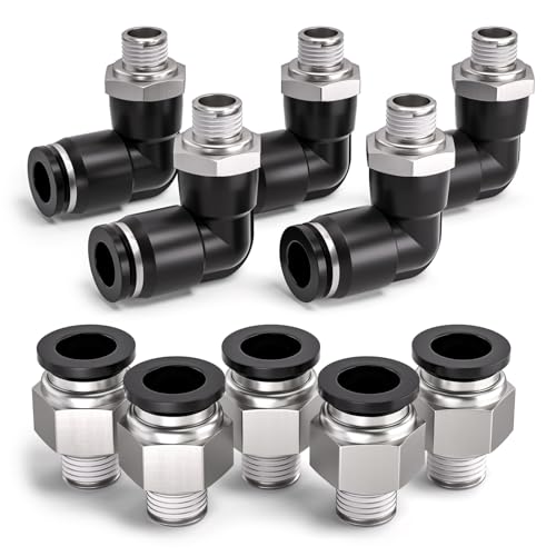 Bwintech 10 piezas de tubo de 6 mm a rosca macho BSP de 1/8' recto y codo de 90 grados Push in Connect Racor neumático,PL6-01/PC6-01 Adaptador rápido para línea de aire