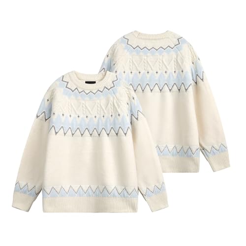 Women's Vintage Geometric Pattern Crewneck Fair Isle Knit Sweater Long Sleeve Chunky Cable Sweater Tops Multicolor