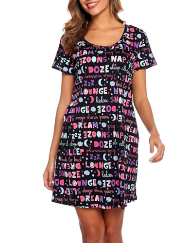 ENJOYNIGHT Womens Nightgowns Cotton Sleepwear Plus Size Sleep Shirts Short Sleeves Nightshirt Print Sleepshirt (Small,ABC)