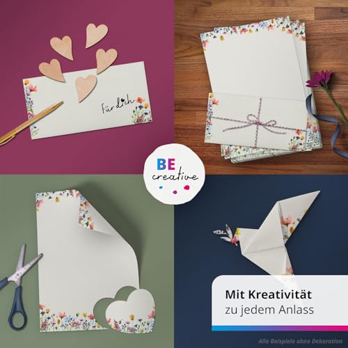 10 Briefpapier und Briefumschlag Set | Spring Flowers Bunte Blumen romantisch | Papier und Umschlag mit Design-Motiv bedruckt | 90 g/m²