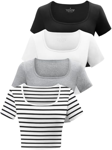 BryticFlow Square Neck Crop Tops für Damen: Workout-Tops Trendige Ausgeh-Oberteile Damen Gym Sommer Shirts 4er Pack Schwarz/Weiß/Grau/Gestreift S