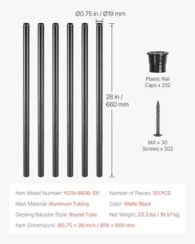 VEVOR Treppengeländer, 101er-Pack, 26 Zoll Aluminium-Treppengeländer, 3/4 Zoll wasserdichtes rundes Metallspindelgeländer, Hohldeckgeländer mit Geländerkappen und Schrauben für Treppen, Veranda