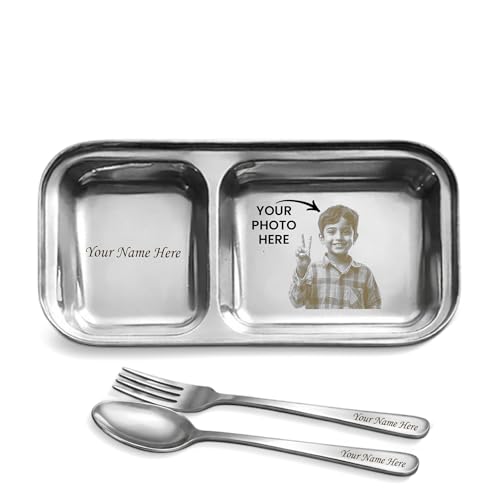 Image of SAVRI Personalized Stainless Steel Pav Bhaji Plate Set for Kids - Customized Laser Photo & Name Printed | Cartoon Design | 2-Compartment Plate with Spoon & Fork | Birthday & Return Gift (Set of 3)