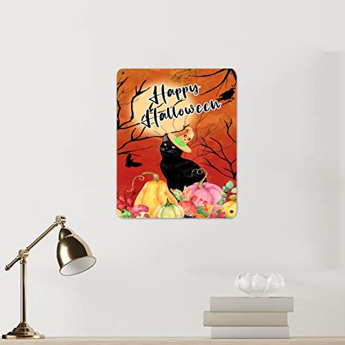 Panneau en étain Pumpkin Witch Cat déco murale rustique maison