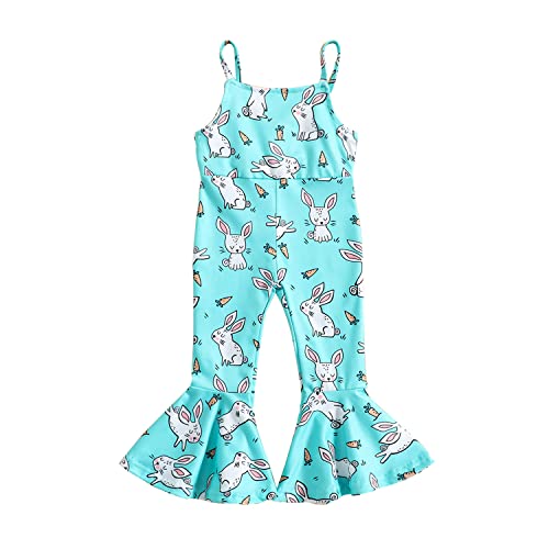 Ritatte Easter Outfits For Toddler Girls Bell Bottom One Piece Romper Baby Cute Bunny Floral Print Strap Onesies Jumpsuit(Sky Blue, 12-18M(90)) #TOP11