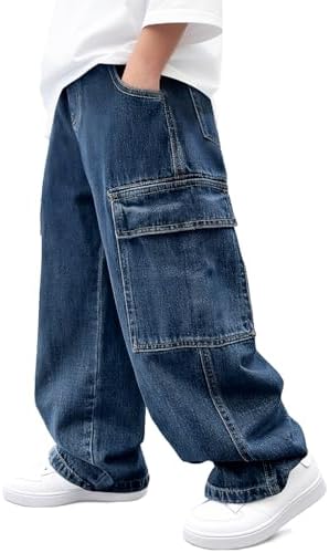 Haloumoning Boys Cargo Jeans Kids Baggy Elastic Waist Wide Leg De...