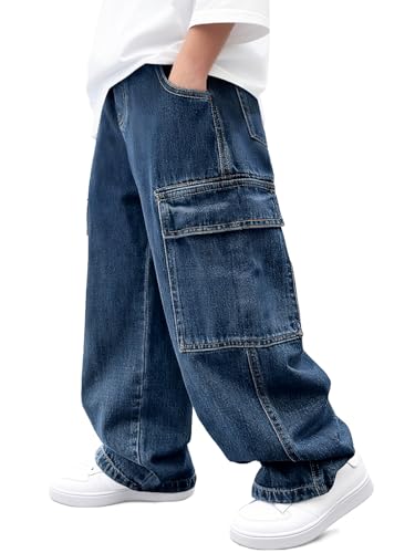 Haloumoning Boys Cargo Jeans Kids Baggy Elastic Waist Wide Leg Denim Pants with Pockets 5-14 Years