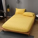 Sábana Bajera Ajustable de algodón Lavado, Absorbente del Sudor, Transpirable para Cama 90 105 135 150 160 x 200 200 x 200, Color Amarillo a Cuadros, 160 x 190 x 25 cm