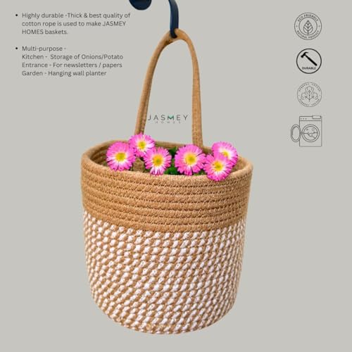 Image of JASMEY HOMES Wall Hanging Jute Basket for Vegetables /Newspaper Storage Box for Home /Milk Basket for Main Door Hanging from (Black & White)