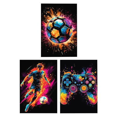 Komergave 3 Stück Graffiti Jungenzimmer Wandbilder, Graffiti Gaming Zimmer Deko, Bunte Fußball Kopfhörer Gamepad Gaming Poster, Cool Neon Gaming Bilder für Schlafzimmer Spielzimmer Rahmenlos (Modern)