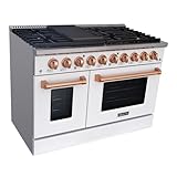 Akicon 48 Inch Freestanding Gas Range - 6.7 cu. ft. Double Rapid Convection Oven - Gas Stove with 8 Sealed Burners & a Griddle, Heavy Duty Cast Iron Grates (White & Copper)