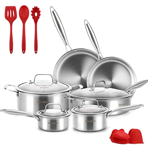 waterless cookware pot - Delarlo Cookware Set of 14, Whole body Tri-Ply Stainless Steel Cookware Set, Heats quickly Cookware, Suitable for All Stove Kitchen, Pots and Pans sets