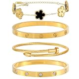 Womens Stackable Floral Gold Bracelets - 4Pcs 18K Gold Plated Bracelet,Stainless Steel Bangle Bracelets Non Tarnish, Gold Bracelet Set Trendy Jewelry,Christmas Valentines Birthday Gifts for Girlfriend