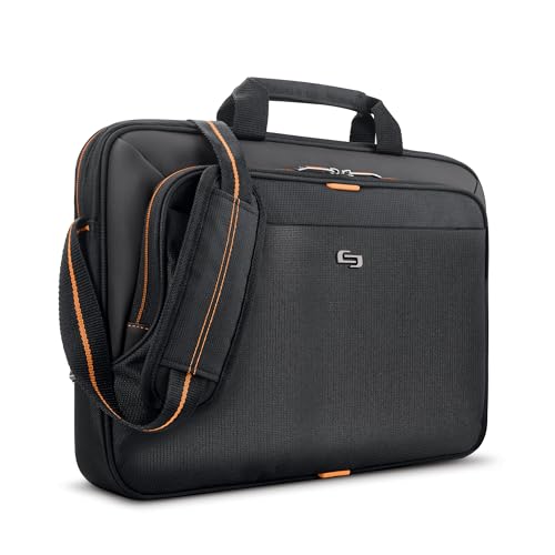 Solo New York Briefcase - Laptop Carrying Bag for Women & Men, Brief for Travel & Work, Internal Tablet Pocket, Adjustable Shoulder Strap, Fits 13.3" Computer - Ace Slim, Black & Orange by Solo New York - Used condition - US$15.05