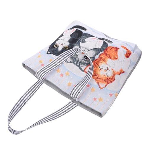 SECFOU Große Baumwoll leinen Schultertasche mit Besticktem Katzenmotiv Leichter Langlebiger Mädchen Shopper für Alltag Schule und Freizeit Geräumige Umhängetasche für Damen und Studenten