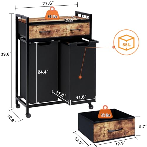 Timberer Laundry Hamper, Laundry Sorter 2 Section, Rolling Laundry Basket with Wheels, 2 Drawers, 2 × 14.5 Gal (55 L), Pull-Out and Removable Oxford Fabric Bags, Black and Rustic Brown - Thumbnail 5