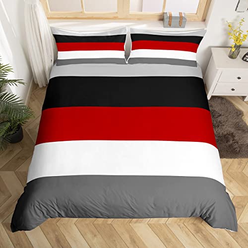 Homewish Red Black Stripes King Size Duvet Cover Set including 2 Pillowcases, 100% Soft & Breathable Polyester, Zip Closure