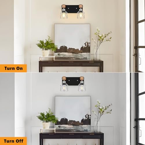 Image of FadimiKoo Farmhouse Bathroom Light Fixtures, Rustic 2-Light Wood Vanity Lights for Bathroom, Industrial Black Silver Wall Lighting with Metal Shade for Bedroom, Living Room, Hallway