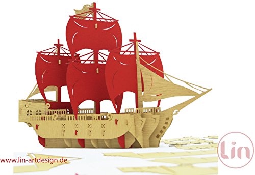Preisvergleich Produktbild Lin 3D POP UP Puzzle Schiff Piratenschiff (Holzfarbe-Rot)