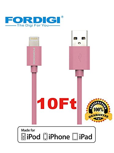 Improved Version FORDIGI APPLE CERTIFIED Extra Long (10 Feet) USB Sync and Charging Lightning Cable for iPhone 5/5S/5C/6/6 Plus, iPad 4, iPad Air, iPad Mini (Apple Certified 10 Ft. Pink)