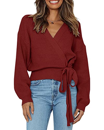 Fessceruna Womens V Neck Wrap Sweater Batwing Long Sleeve Tie Front Belted Chunky Jumper Blouse Pullover Wine Red