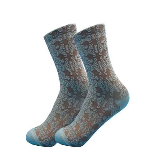 Image of 5 Pairs Floral Socks Women Trendy Flower Socks Embroidered Vintage,Girls Cute Sweet Nordic Textured Cotton Sock (US, Alpha, One Size, Regular, Regular, E 5 Pairs Green /Blue)