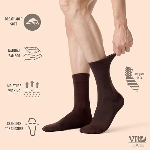 VRD Bamboo Mens Dress Socks for Men, 5-Pack, Solid Design Crew Length Mid-Calf Socks, Mens Shoe Size 8-133