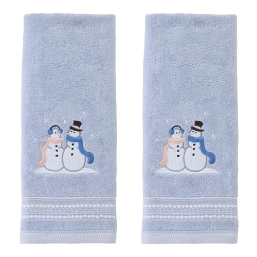 SKL Home Christmas/Winter Glitz Snow Couple 100% Cotton Embroidered 2pc Hand Towel Set, Decorative for Bath/Kitchen/Bar, Light Blue