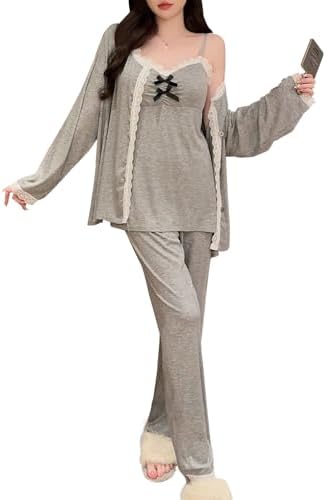 PHOLEEY Women's 3-Piece Pajama Set with Lace, Nightwear, Cardigan Included, Cute, Comfortable, Loungewear, Suitable for Spring, Summer, Autumn