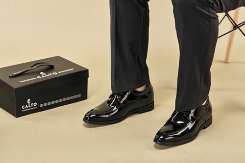 Image of CALTO Men's Invisible Height Increasing Elevator Shoes - Jet Black Patent Leather Lace-up Formal Dress Oxfords - 2.8 Inches Taller - K2710 - Size 9 D(M) US