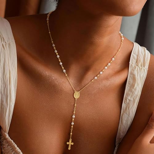 Image of CHESKY Long Necklaces for Women, 14k Gold Plated /Streling Silver Lariat Necklace Dainty Statement Prom Necklace Rosary Cross Sun Drop Pendant Dangle Necklace Gold Prom Jewelry for Women Gifts