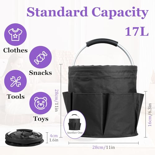 Image of 2Pcs Collapsible Cleaning Caddy with Handle, 17L Foldable Cleaning Supply Caddy, Bucket Tool Organizer in 600D Oxford Fabric, Multifunctional Storage Basket for Cleaning, Traveling, Black