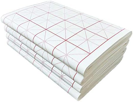 QJang Chinese Calligraphy Grid Sumi Paper White Half Ripe Rice Paper Mechanism for Pen and Ink Writing Calligraphy Practice Teaching Supplies Specialty Paper(65 x 33 cm) (100 Sheets)