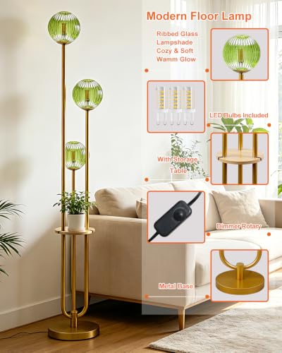 Image of Lightdot Green Glass Floor Lamp with Shelf 63IN Dimmable Mid Century Modern Gold Standing Lamps 3000K Bulbs Included Globe Floor Lamp with 5Lbs Heavy Base for Living Room /Wedding /Sofa Beside /Corner