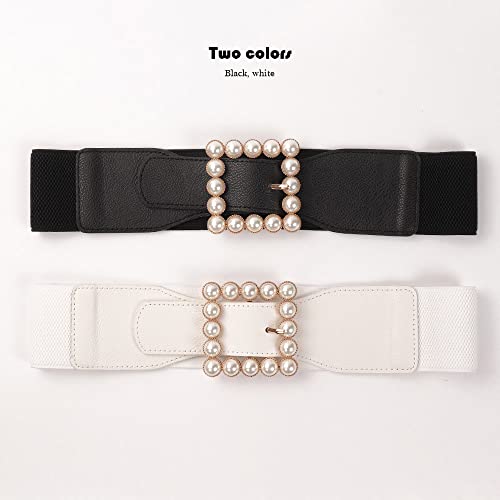 Women's Large Pearl-Buckle Elastic Waist Belt Elegant Wide Girdle for Dress Skirs Shirt2