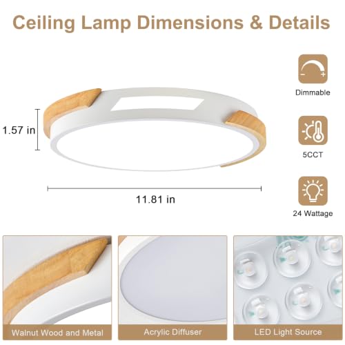 Image of Modern LED Ceiling Light, Wood Dimmable Flush Mount Ceiling Light Fixture