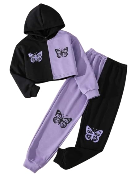 A to Z CREATION Women's Long Sleeve Crop Hoodie Top & Sweatpants 2 Pcs Butterfly Print