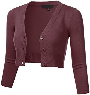 FLORIA Women Solid Button Down 3/4 Sleeve Cropped Bolero Cardigan Sweater Burgundy M