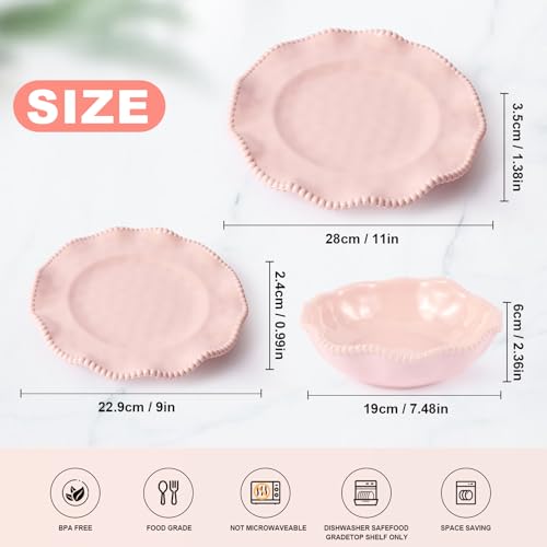 Image of ADSURMELA 6-Piece Pink Melamine Dinnerware Set, Service for 2, Beaded Edge Scalloped Plates with Silver Glitter, Heavy Duty Shatterproof Unbreakable, Elegant for Bridal Shower Wedding Party Outdoor
