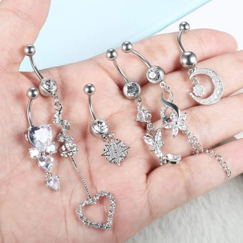 Finrezio 6pcs 14G Dangly Belly Button Bars for Women Stainless Steel Belly Button Rings Moon Star Heart Navel Rings Flower Cubic Zirconia Body Piercing Jewelry