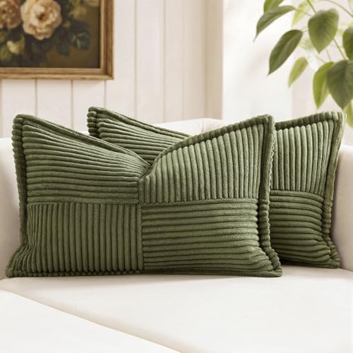 Image of MIULEE Olive Green Corduroy Lumbar Pillow Covers 12x20 Inch 12x20 Inch with Splicing Set of 2 Soft Boho Pillow Covers Broadside Decorative Textured Summer Pillowcases for Couch Bed Livingroom