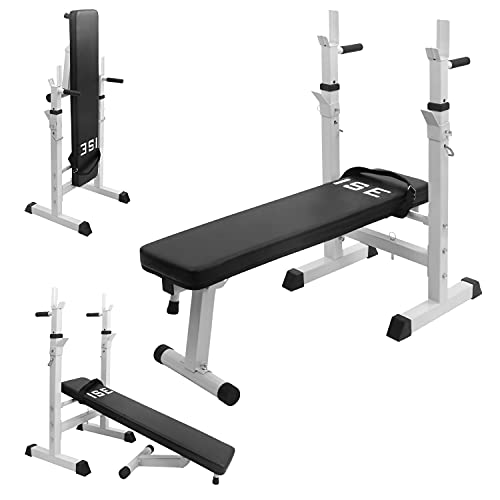 ISE Banco de pesas multifunción plegable con dips, tabla de abdominales inclinable, soporte ajustable para mancuernas 90-110cm