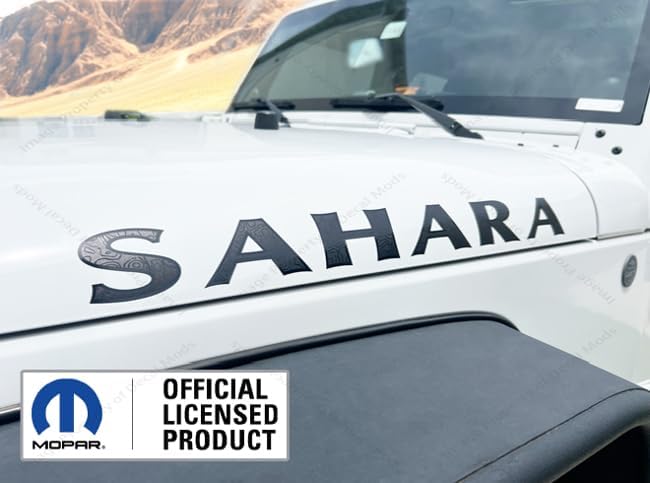 Sahara Hood Graphic Decals fits Jeep Wrangler (2007-2026) (Set of 2) Matte Black with Topo Lines and Black Outline - CB | UV1A5