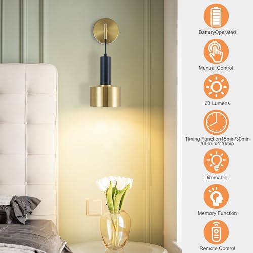 Image of Battery Operated Wall Sconces Set of 2, Matte Black and Gold Hardwired or Wireless Wall Lighting with Remote, Adjustable Cord Hanging Sconce Light Fixture for Bedroom Living Room, E26 Base