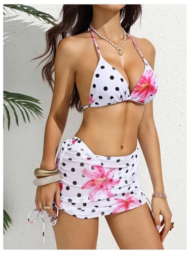 Image of RoseSeek Women's 4 Piece Polka Dots Bathing Suits Cover Up Skirt & Bandana | Halter Bikini Sets, Sexy Bathing Suit, Beach Skirt, Leopard, Paisley, Tropical, Summer