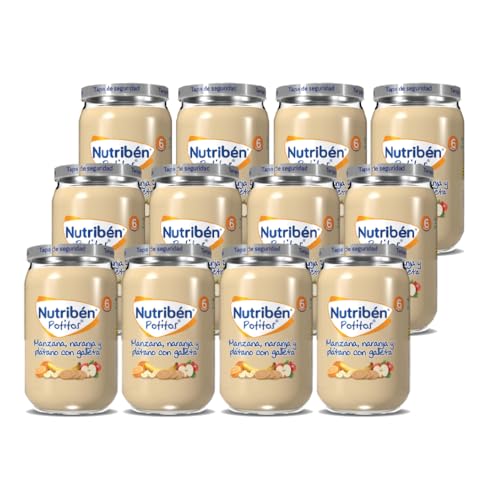 Nutribén Potitos | Tarrito de Manzana, Naranja y Plátano con Galleta | Para Bebés a partir de 6 Meses | Sin Azúcares Añadidos | Sin Gluten, Huevo, Leche | Pack de 12 Unidades | 2820 g