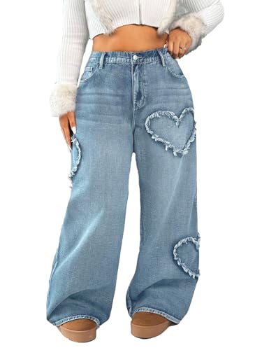 Image of Vaimti Plus Size Casual High-Waisted Wide Leg Jeans with Heart Distressed Design, Vintage Washed Denim (UK, Alpha, XXL, Plus, Regular, Sky Blue)