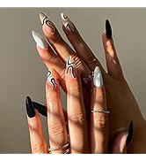 FURUBETA Press on Nails Medium Almond French Fake Nails Full Cover Black Acrylic False Nails for ...